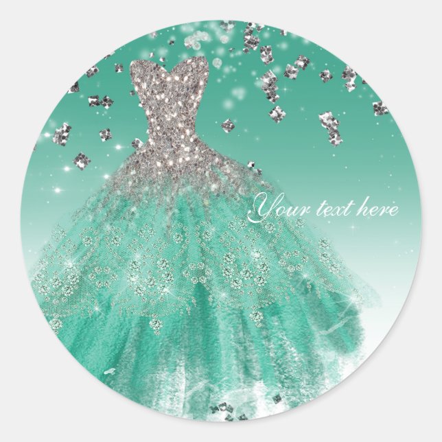 Teal & Silver Glitter Glamour Dress Birthday Party Classic Round Sticker (Front)
