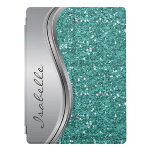 Teal Silver Glitter look Bling Personalised Metal  iPad Pro Cover