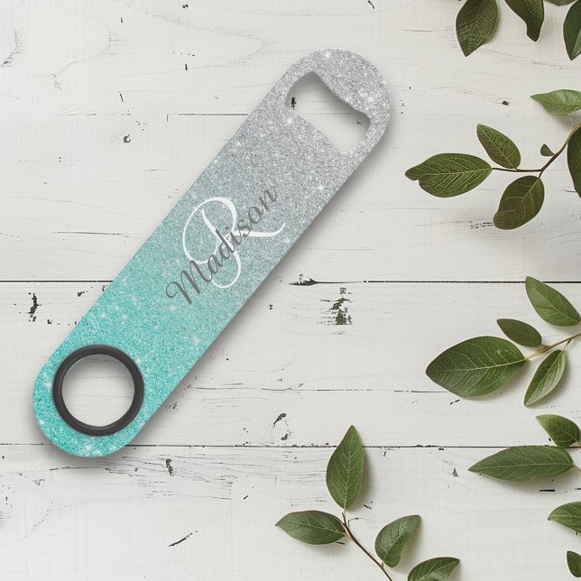 Teal Silver Glitter Look Ombre Monogram  (Creator Uploaded)