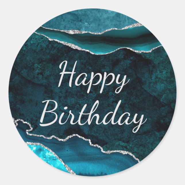 Teal & Silver Glitter Marble Agate Birthday Classic Round Sticker (Front)