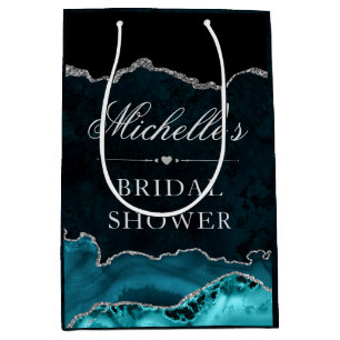 Teal Silver Glitter Marble Agate Bridal Shower Medium Gift Bag