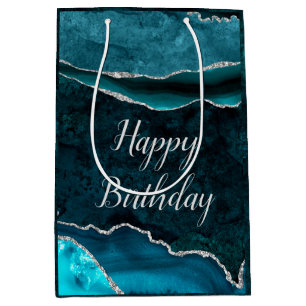 Teal & Silver Glitter Marble Agate Happy Birthday Medium Gift Bag