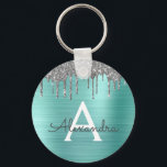 Teal Silver Glitter Stainless Steel Monogram Key Ring<br><div class="desc">Luxury Teal Aqua Blue and Silver Ombre Pastel Rainbow Faux Stainless Steel Sparkly Glitter Metallic and Sparkly Glitter  Elegant Keychain. These Key chains can be customised to include your initial and first name. These key chains make great sweet 16 birthday,  bridal shower,  wedding or bachelorette party favours or gifts.</div>