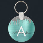 Teal Silver Glitter Stainless Steel Monogram Key Ring<br><div class="desc">Luxury Teal Aqua Blue and Silver Ombre Pastel Rainbow Faux Stainless Steel Sparkly Glitter Metallic and Sparkly Glitter  Elegant Keychain. These Key chains can be customised to include your initial and first name. These key chains make great sweet 16 birthday,  bridal shower,  wedding or bachelorette party favours or gifts.</div>