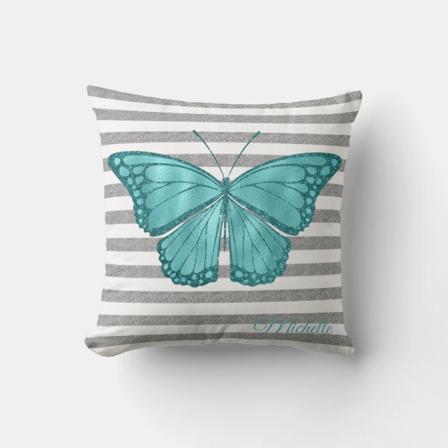 Teal & Silver Glitter Throw Pillow (Front)