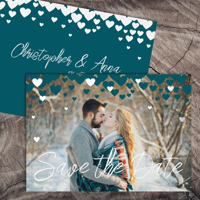 Teal, Silver Hearts, Winter or Valentines Wedding (winter teal green valentines february wedding save the date hearts elegant script calligraphy invite)