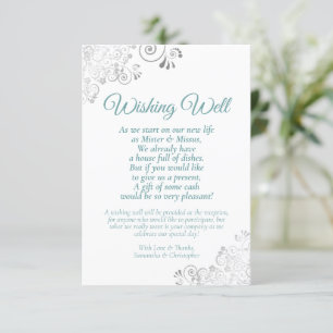 Teal & Silver Lace White Wedding Wishing Well Poem Enclosure Card