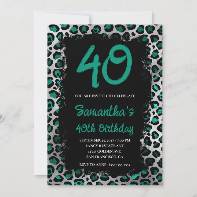 Teal Silver Leopard Painted Black 40th Birthday Invitation (Front)