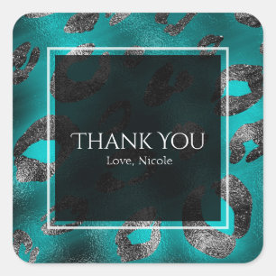 Teal & Silver Leopard Print Party Favour Square Sticker