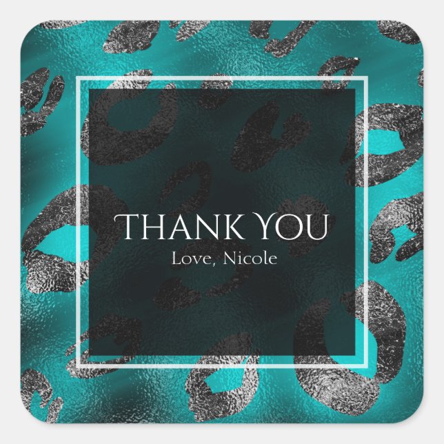 Teal & Silver Leopard Print Party Favour Square Sticker (Front)