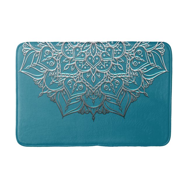 Teal & Silver Mandala Elegant Minimal Moroccan Bath Mat (Front)