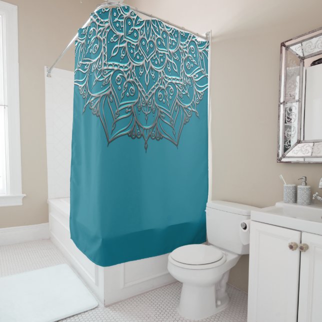 Teal & Silver Mandala Elegant Minimal Moroccan Shower Curtain (In Situ)