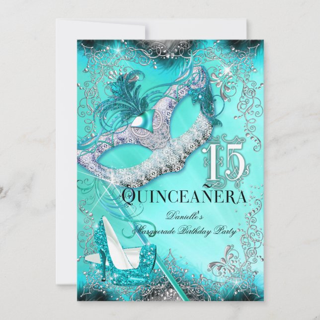 Teal Silver Masquerade Quinceanera Birthday Invitation (Front)