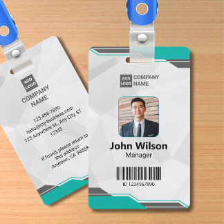 Teal & Silver Modern ID with Photo & Barcode ID Badge