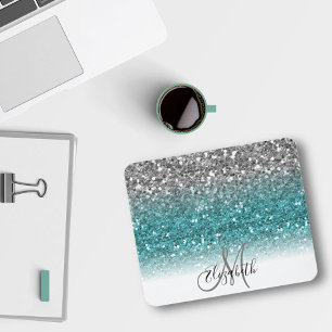 Teal Silver Ombre Glitter Bling Personalised Mouse Pad