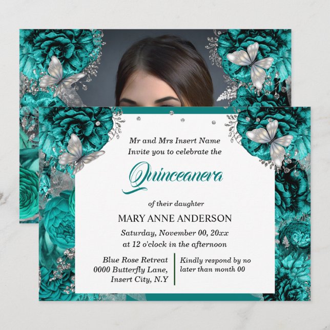 Teal silver PHOTO glitter butterfly elegant Invitation (Front/Back)