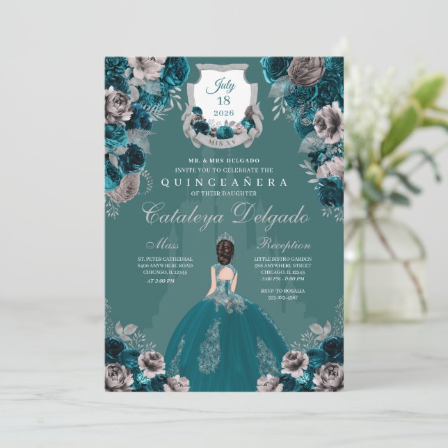 Teal & Silver Princess Castle Quinceañera Invitation (Standing Front)