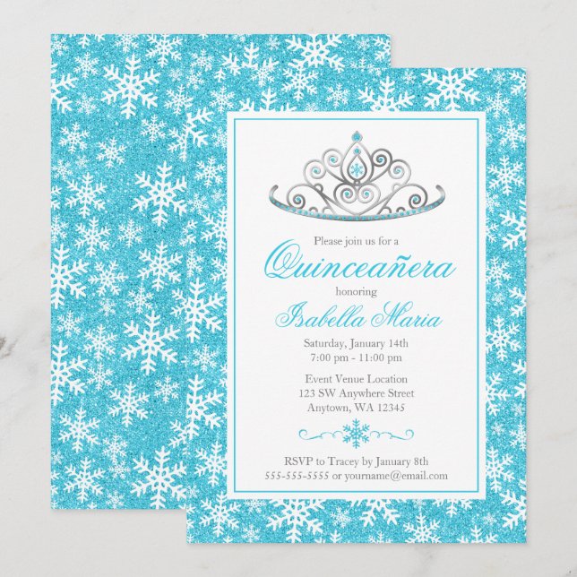 Teal Silver Princess Winter Wonderland Quinceanera Invitation (Front/Back)