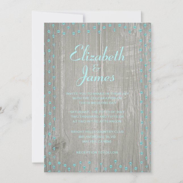 Teal & Silver Rustic Barn Wood Wedding Invitations (Front)
