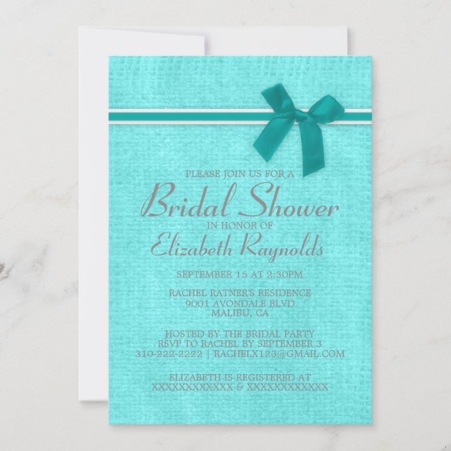 Teal Silver Rustic Burlap Bridal Shower Invitation (Front)