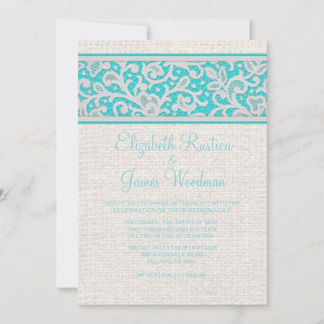 Teal Silver Rustic Burlap Lace Wedding Invitations (Front)
