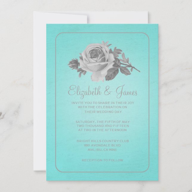 Teal & Silver Rustic Floral Wedding Invitations (Front)