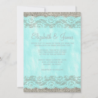 Teal & Silver Rustic Lace Wedding Invitations
