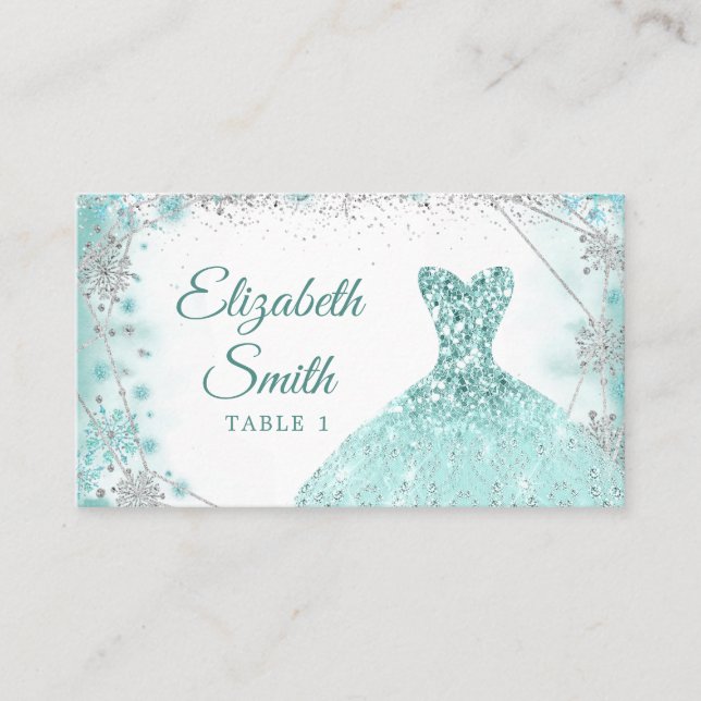 Teal Silver Snowflake Christmas Quinceañera Place Card (Front)