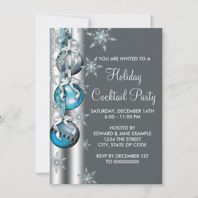 Teal Silver Snowflake Ornament Christmas Party Invitation (Front)