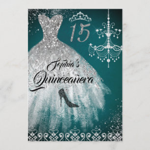 Teal Silver Sparkle Diamond Dress Quinceanera Invitation