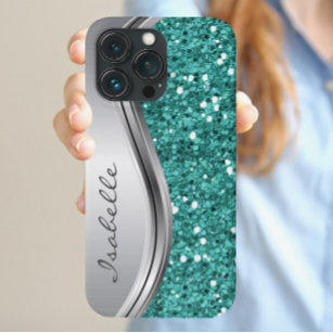 Teal Silver Sparkle Glam Bling Personalised Metal iPhone 13 Pro Max Case