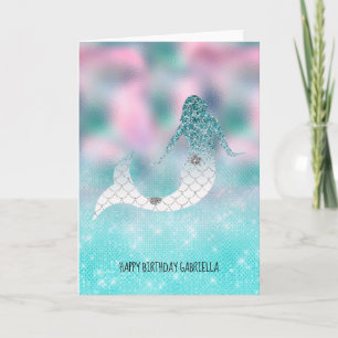 Teal Silver Sparkle Glitter Mermaid Card
