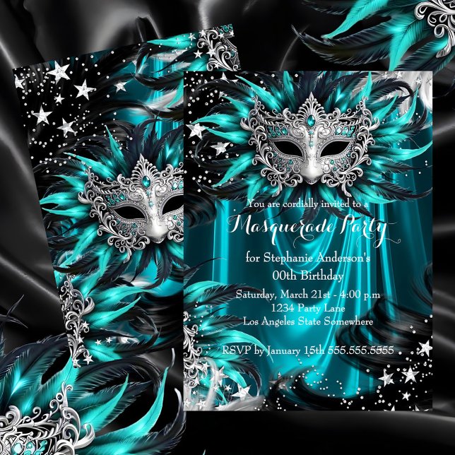 Teal Silver Sparkle Magical Night Masquerade Party Invitation (Creator Uploaded)