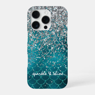 Teal Silver Sparkle Mermaid personalised iPhone 16 Pro Case