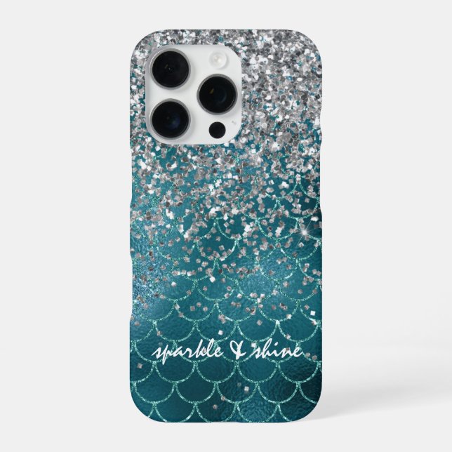 Teal Silver Sparkle Mermaid personalised iPhone Case (Back)