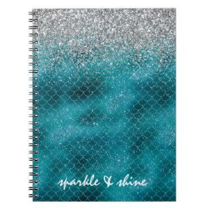 Teal Silver Sparkle Mermaid personalized Notebook
