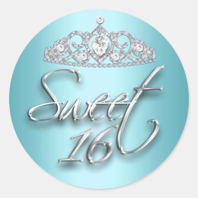 Teal & Silver Sparkle Tiara Sweet 16 Sticker (Front)