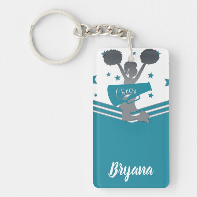 Teal Silver Stars Cheer-leading Personalised Key Ring (Front)