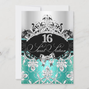 Teal Silver Sweet 16 Sparkle Tiara Birthday Invite