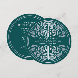 Teal Silver Sword Royal Wedding Rehearsal Invitation