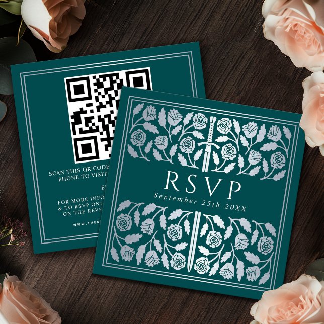 Teal Silver Sword Royal Wedding RSVP QR Code Enclosure Card (Creator Uploaded)