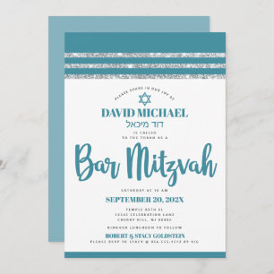 Teal Silver Tallit Bar Mitzvah Bold Simple Modern Invitation