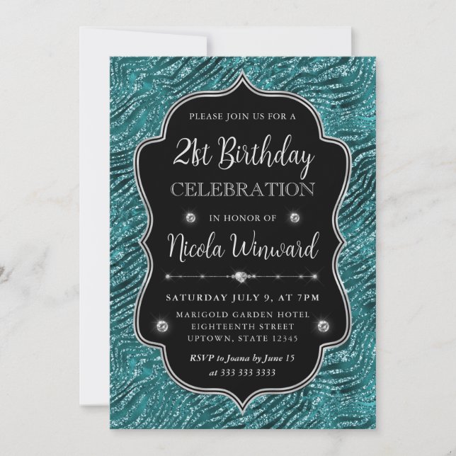 Teal Silver Tiger Stripes Glitter Frame Birthday Invitation (Front)