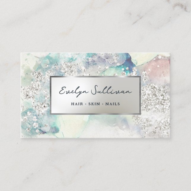 Teal silver watercolor faux foil business card (Front)