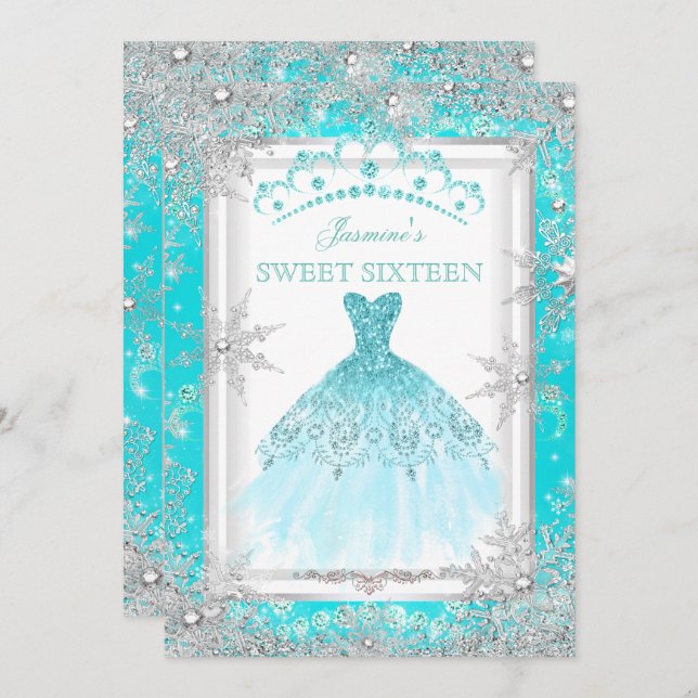 Teal Silver Winter Wonderland Sweet 16 Party Invitation (Front/Back)
