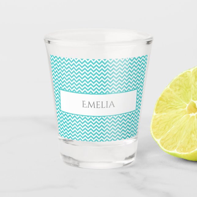 Teal Simple Chevron Personalised Shot Glass (Front)