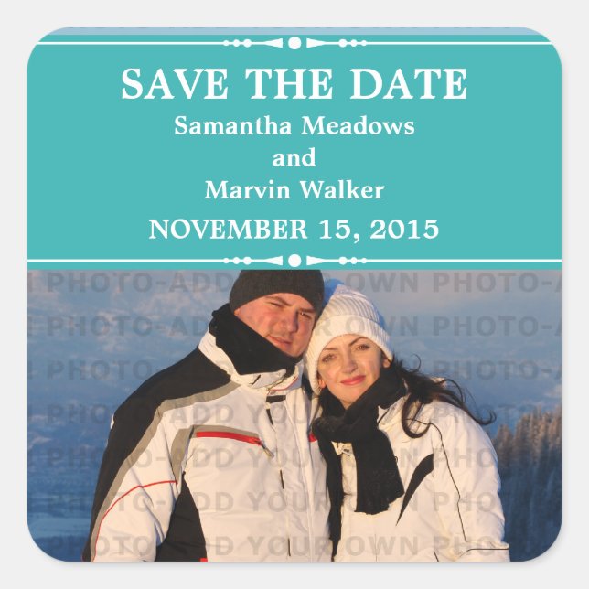 Teal Simple Chic Photo Save the Date Stickers (Front)