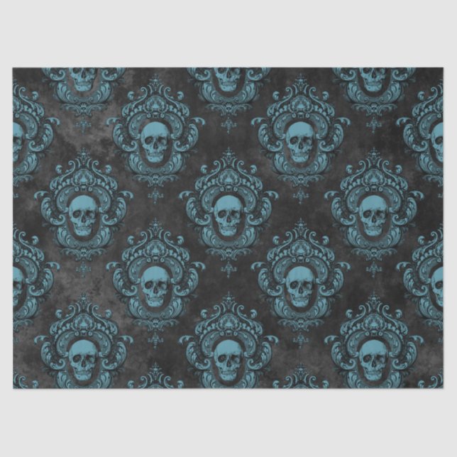 Teal Skull and Dark Grey Gothic Decoupage Tissue Paper (Front)