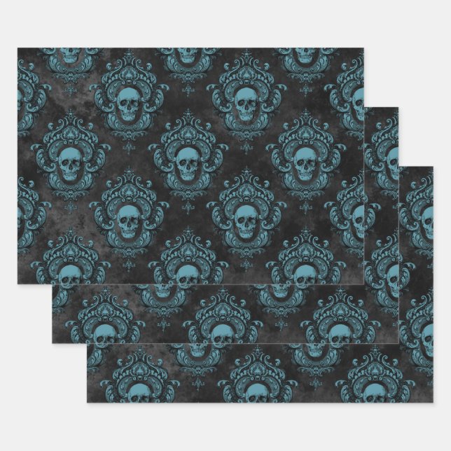 Teal Skull and Dark Grey Gothic Wrapping Paper Sheet (Set)