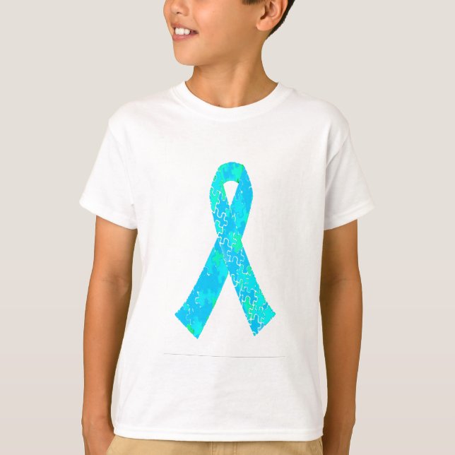 Teal Sky Blue Jigsaw Puzzle Pattern Ribbon T-Shirt (Front)